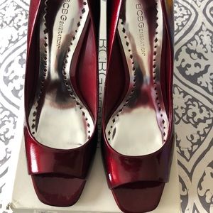NEW never worn red metallic patent peep toes